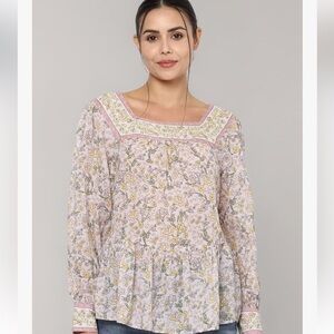 NWT American Eagle floral peasant blouse boho square neckline long sleeve Large